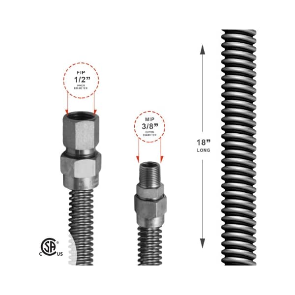 Gas Line Hose 3/8'' O.D.x18'' Length 1/2 FIPx3/8 MIP Fittings, Stainless Steel Flexible Connector